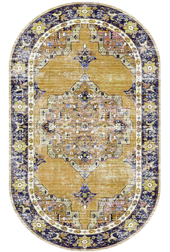 فرش بیضی ابریشم ماشینی طرح فانتزی مناسب حال و پذیرایی برند دفه کد ABRISHAM BAZI 1670