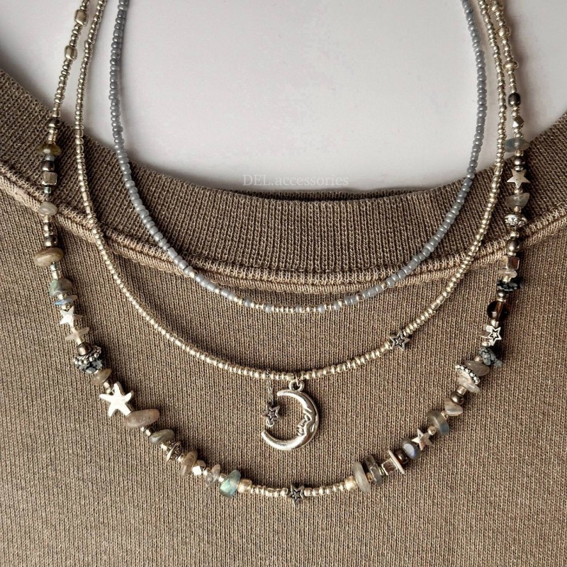 گردنبند سه لاین ماه و ستاره سنگ طبیعی برند دل