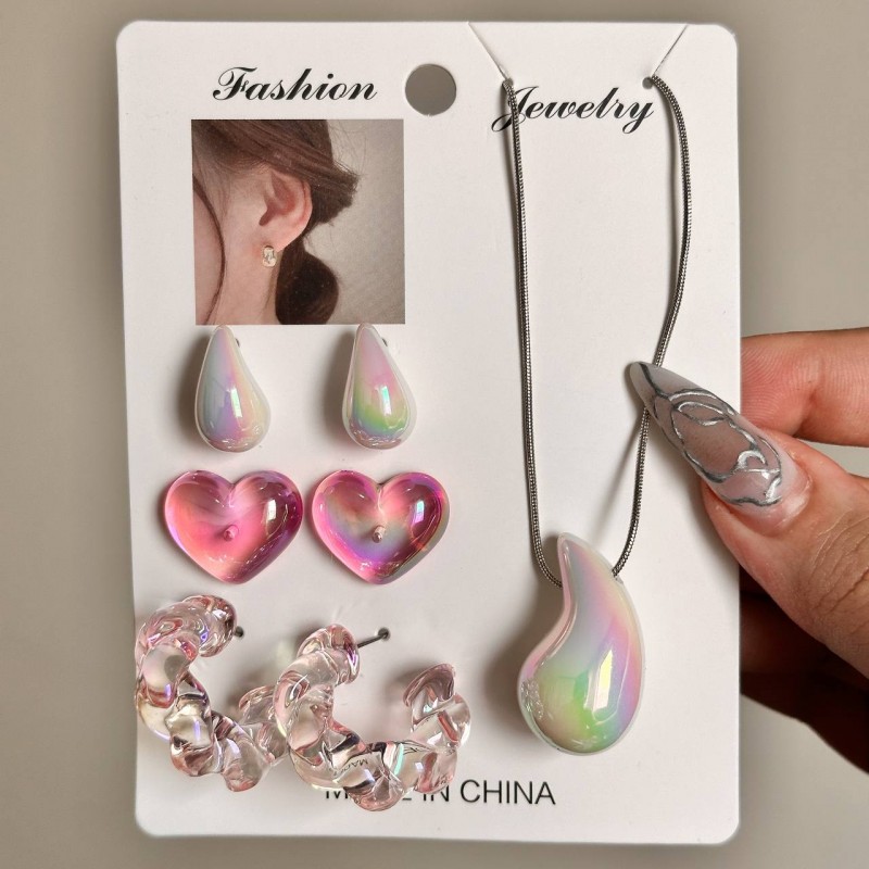 ست گردنبند و گوشواره صورتی  اقتصادی استیل