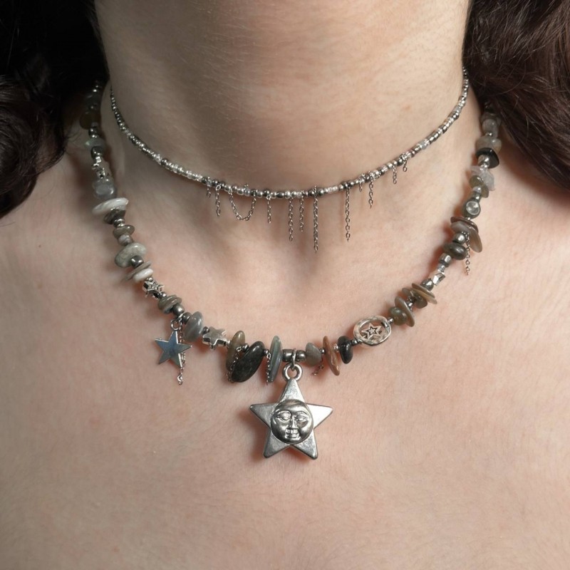 گردنبند ستاره صورت دار استیل و صدف و سنگ طبیعی دو‌لاین