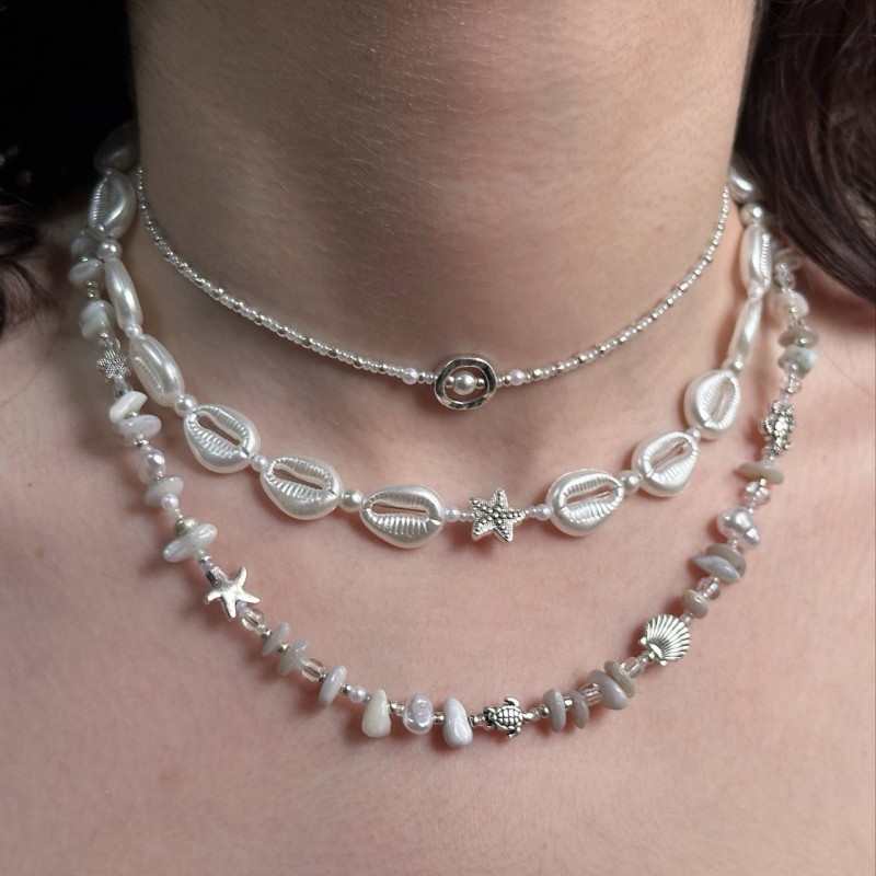 گردنبند دریایی صدف و سنگ طبیعی سفید سه لاین
