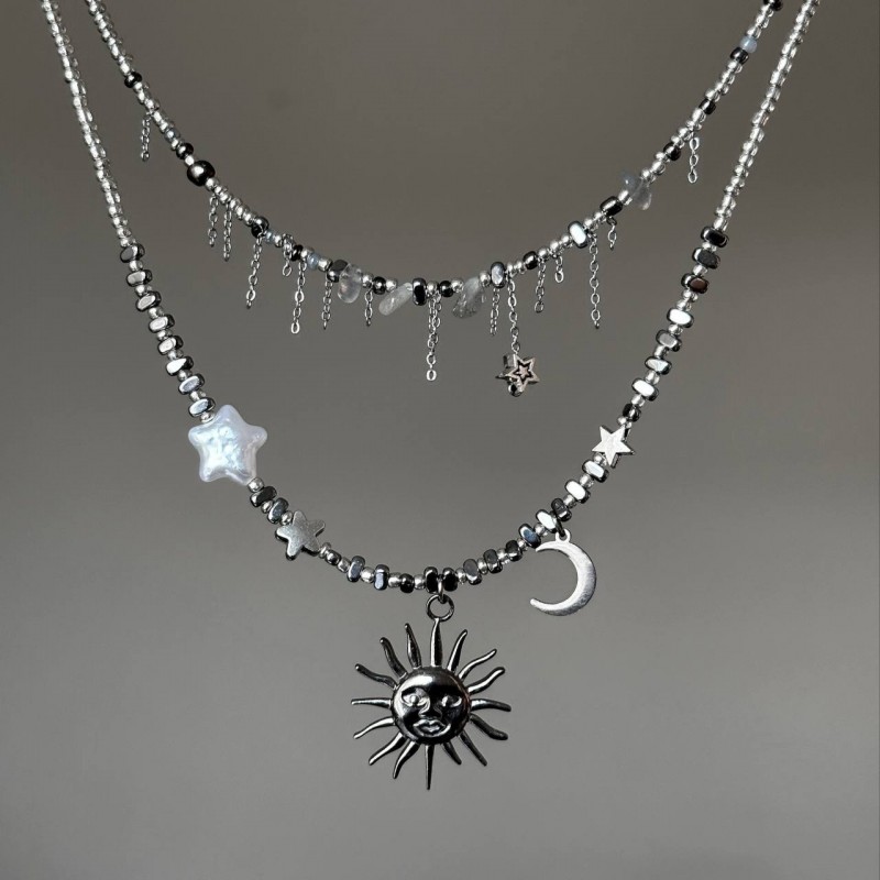 گردنبند استرونومی ماه و ستاره و خورشید استیل و مروارید پرورشی
