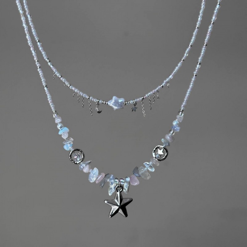گردنبند ماه و ستاره صورتی و سفید سنگ طبیعی و مروارید پرورشی استیل
