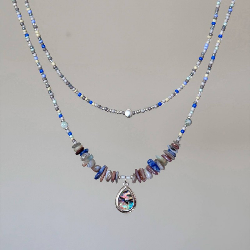 گردنبند سنگ طبیعی و  پلاک صدف آبالون آبکاری نقره