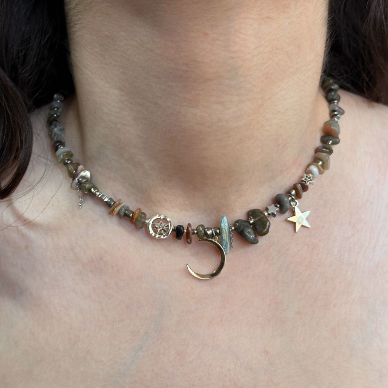 گردنبند سنگ و صدف طبیعی پلاک ماه