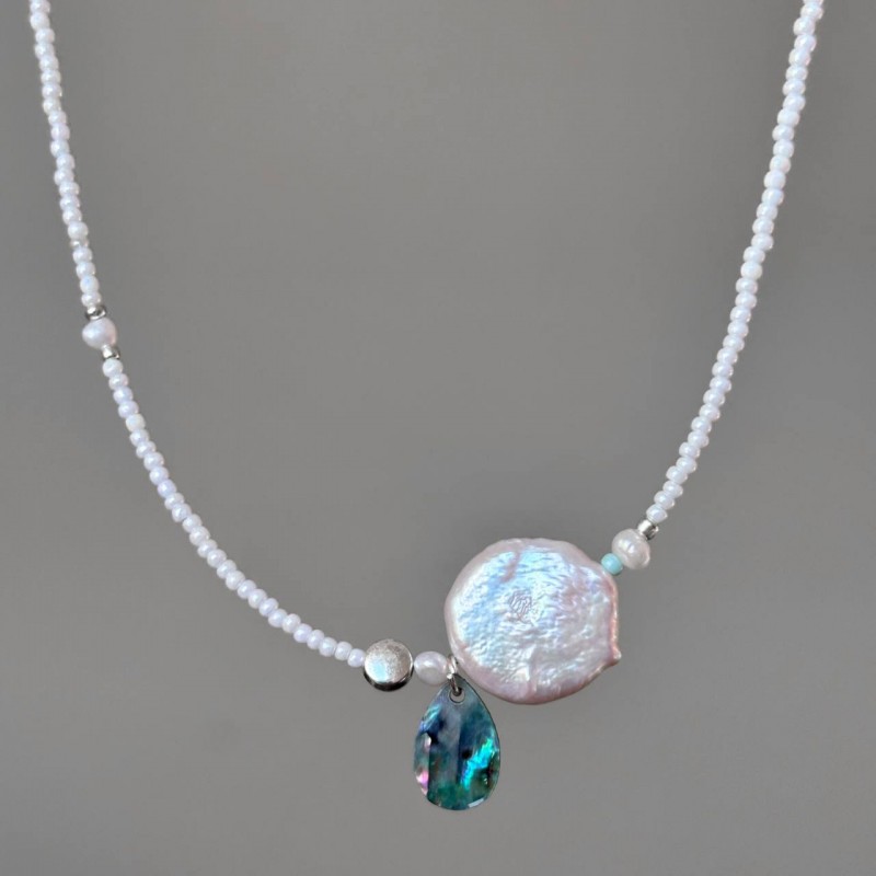 گردنبند مروارید اصلی و صدف ابالون