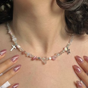 گردنبند سنگ طبیعی صورتی رزکوارتز و کریستال کوارتز