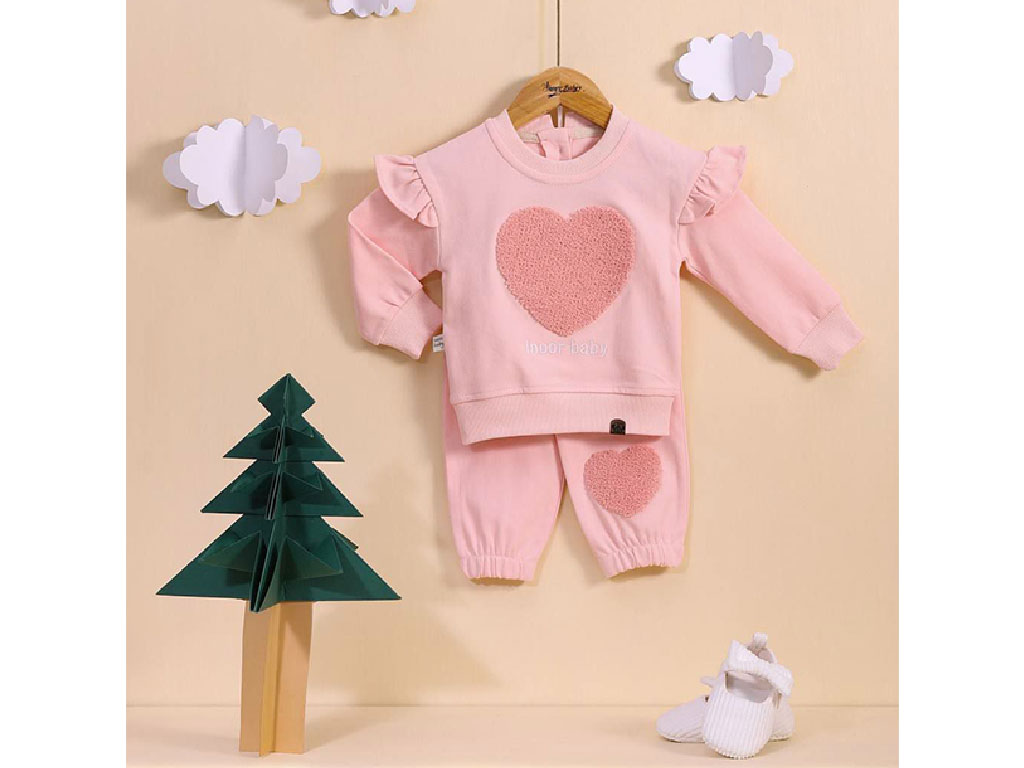 بلوز و شلوار دخترانه طرح قلب شنل دوزی شده رنگ صورتی آی نور بیبی inoor baby
