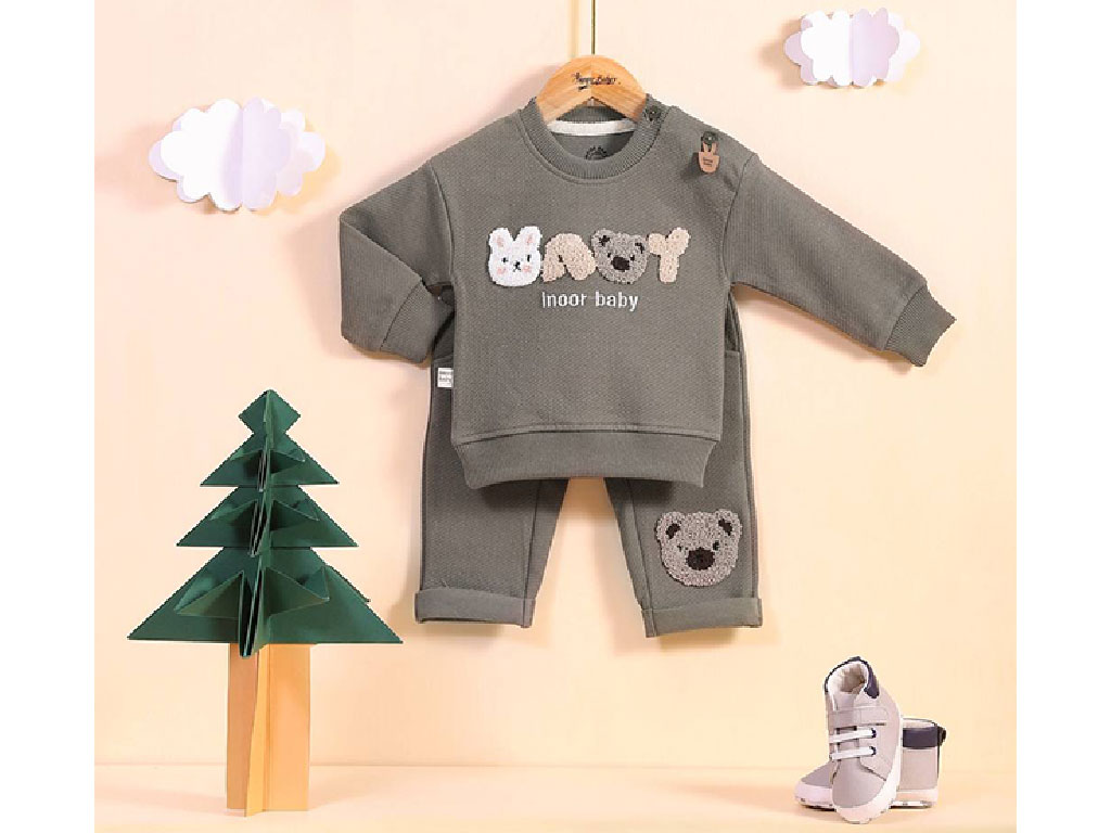 بلوز و شلوار دورس کج راه طرح خرس و خرگوش شنل دوزی شده رنگ سبز تیره آی نور بیبی inoor baby
