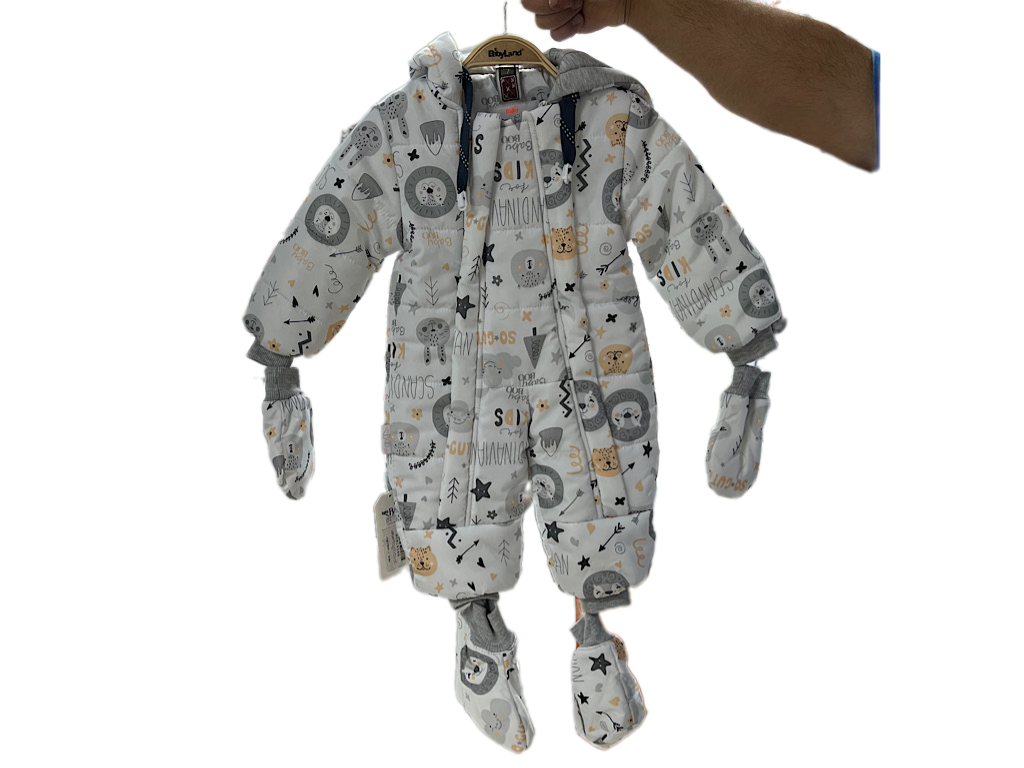کاپشن سرهمی کلاه دار با دستکش و پاپوش نوزادی طرح شیر و خرگوش BABY BOO