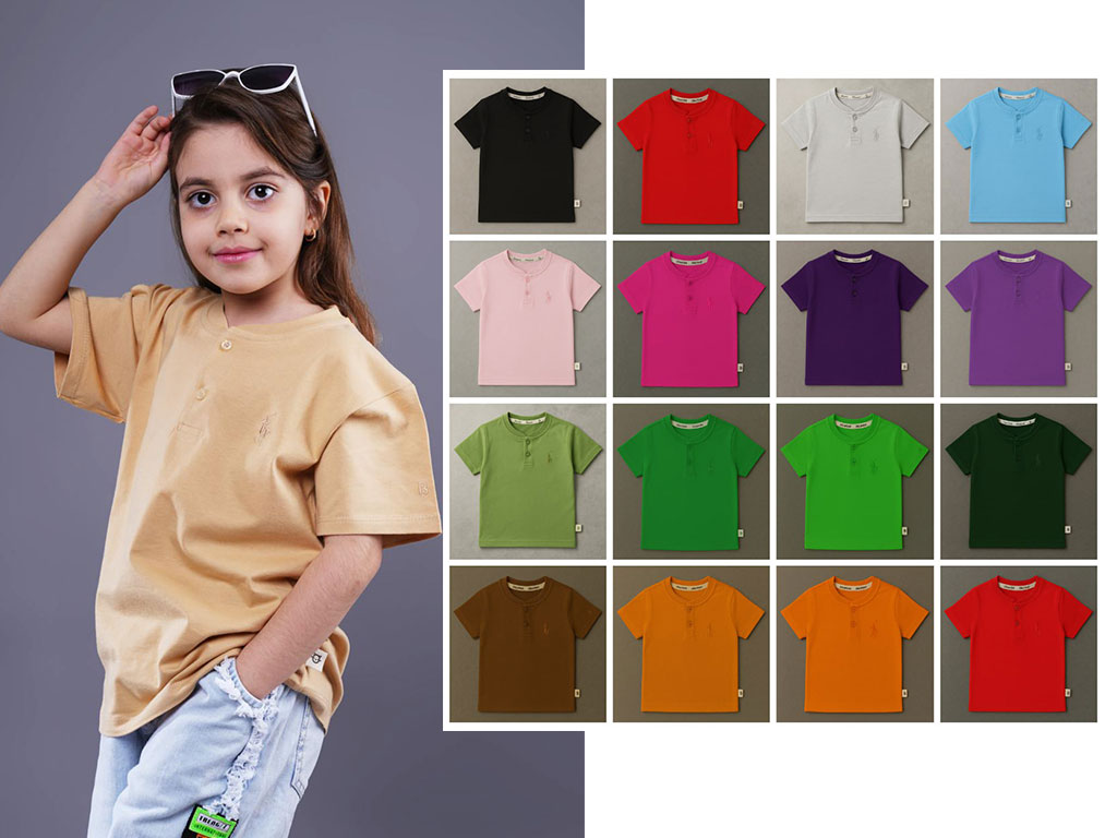 تیشرت یقه ژاپنی جلو دکمه 2-1 سال طرح گلدوزی شده polo بامشی bamshi
