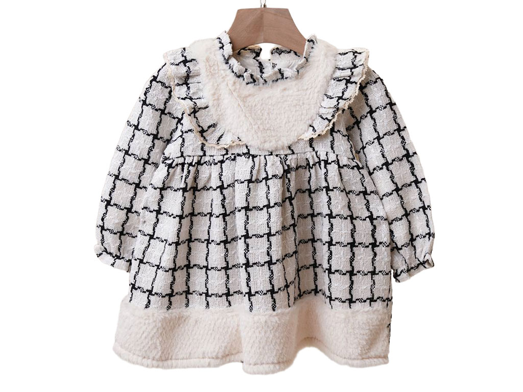 پیراهن دخترانه طرح چهارخانه سفید مشکی خزدار