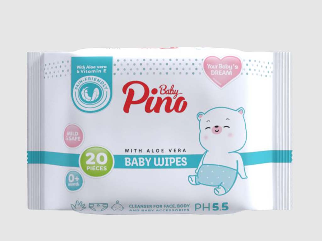 دستمال مرطوب آنتی باکتریال صورت و بدن نوزادی 20 عددی پینو بیبی pino baby