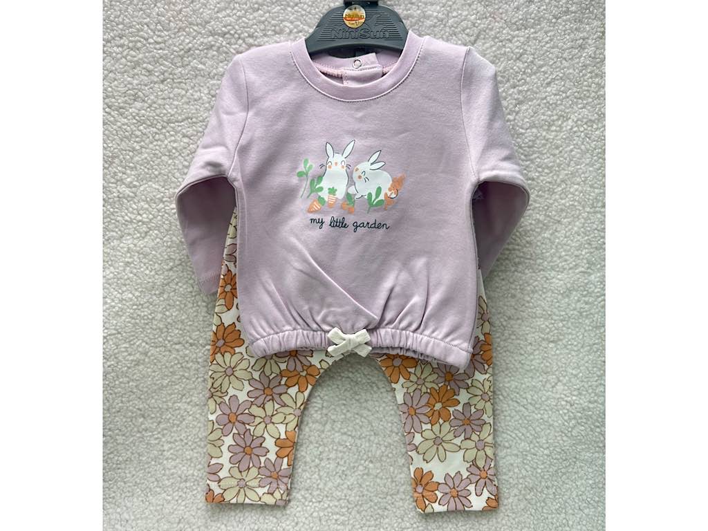 ست بلوز و شلوار یاسی و سفید  طرح گل و خرگوش نی نی سان nini sun