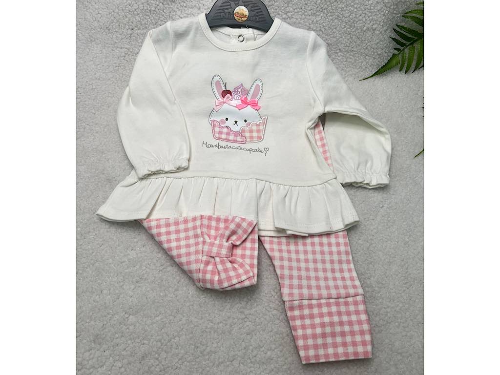 ست بلوز و شلوار شیری و صورتی طرح خرگوش و کاپ کیک نی نی سان nini sun