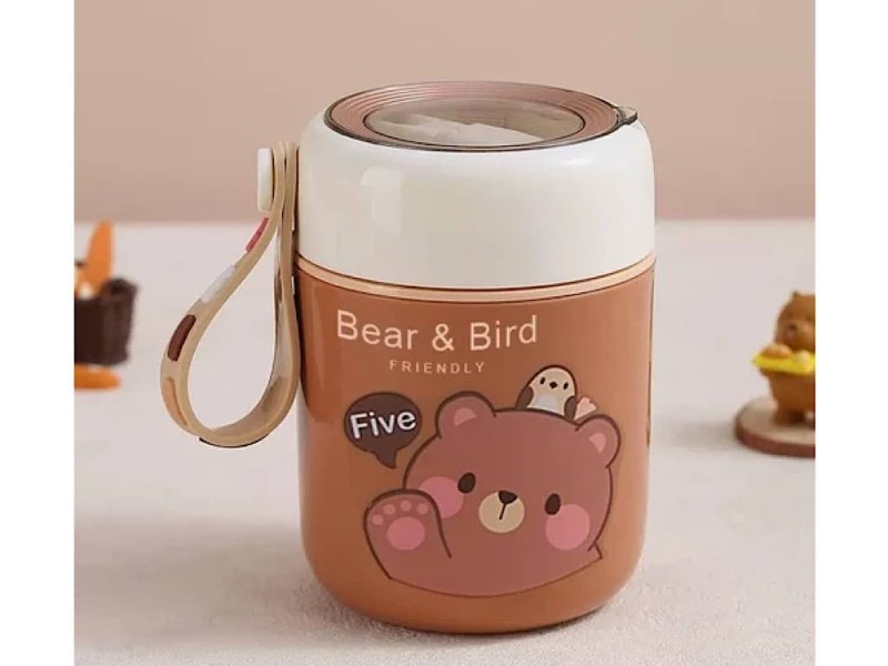 فلاسک و ظرف غذا استیل  قاشق دار 450 میلی لیتر طرح تدی با بند آویز سیلیکونی  BEARS FAMILY