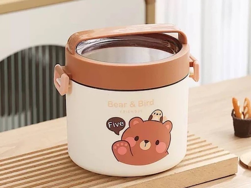 فلاسک و ظرف غذا استیل  قاشق دار 900 میلی لیتر طرح تدی دسته دار  BEARS FAMILY