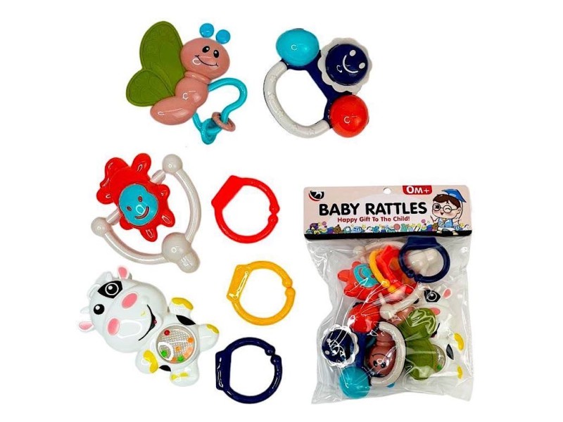 ست جغجغه و دندانگیر نوزادی 4  عددی با دستگیره آویز  baby rattles