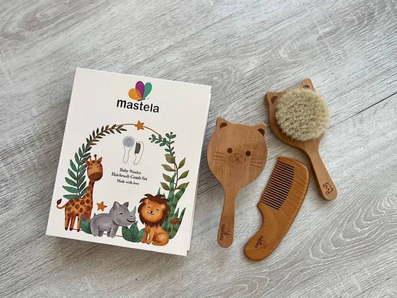 ست شانه و برس چوبی طرح گربه دو عددی نوزادی MASTELA