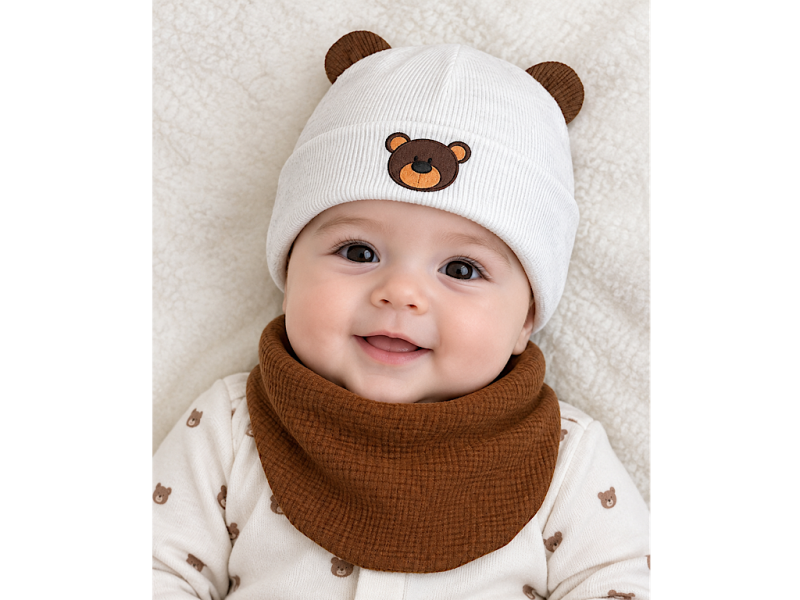 کلاه دو لایه گرد گوش دار  کبریتی با رینگ دور گردن نوزادی طرح تدی