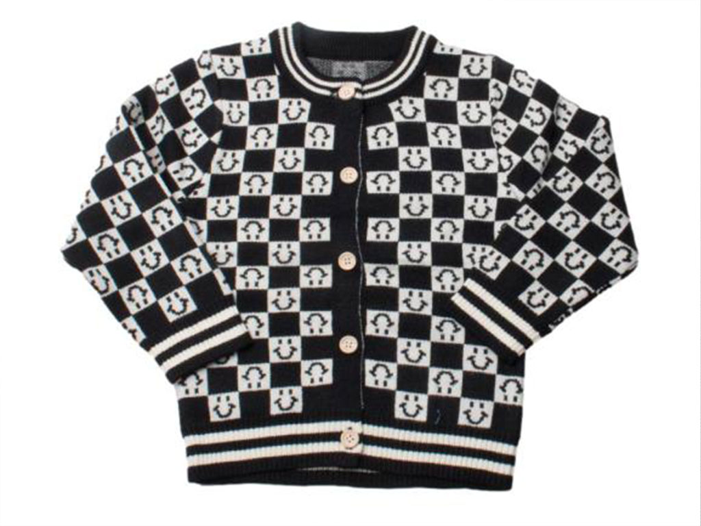 ژاکت بافت جلو دکمه نوزادی پسرانه طرح سیاه و سفید ایموجی