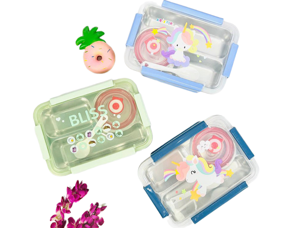 ظرف غذا داخل استیل به همراه کاسه درب دار مدل اسب تک شاخ