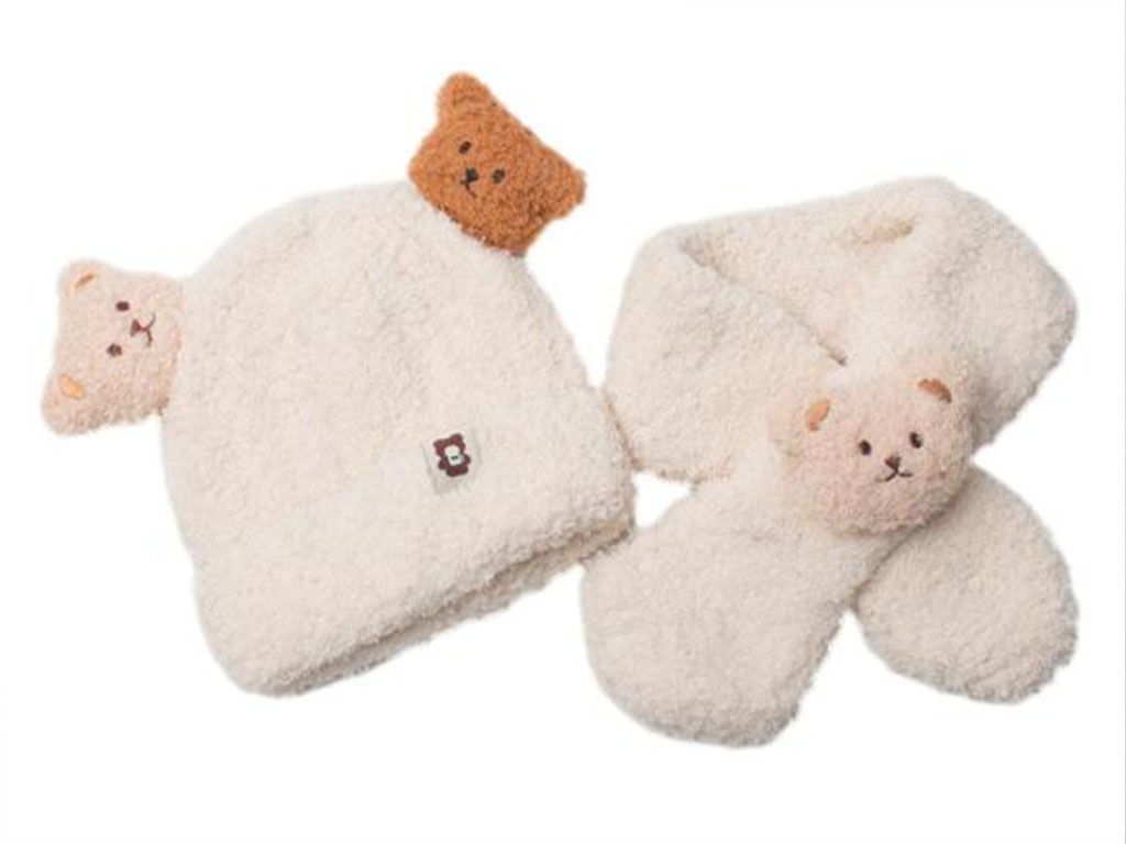 کلاه و شالگردن حوله ای طرح خرس برجسته (دور سر 38 CM)