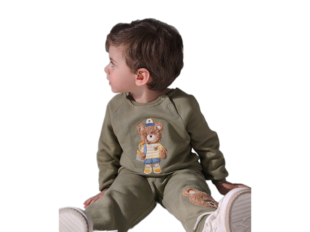 بلوز شلوار توکرکی نوزادی سبز رنگ با طرح  برجسته تدی PAPO