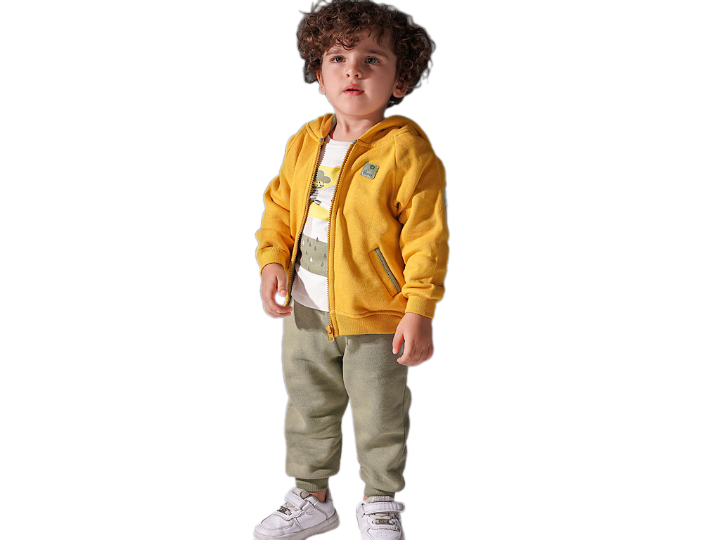 ست سه تکه سویشرت، بلوز آستین بلند و شلوار داخل کرکی خردلی یشمی PAPO