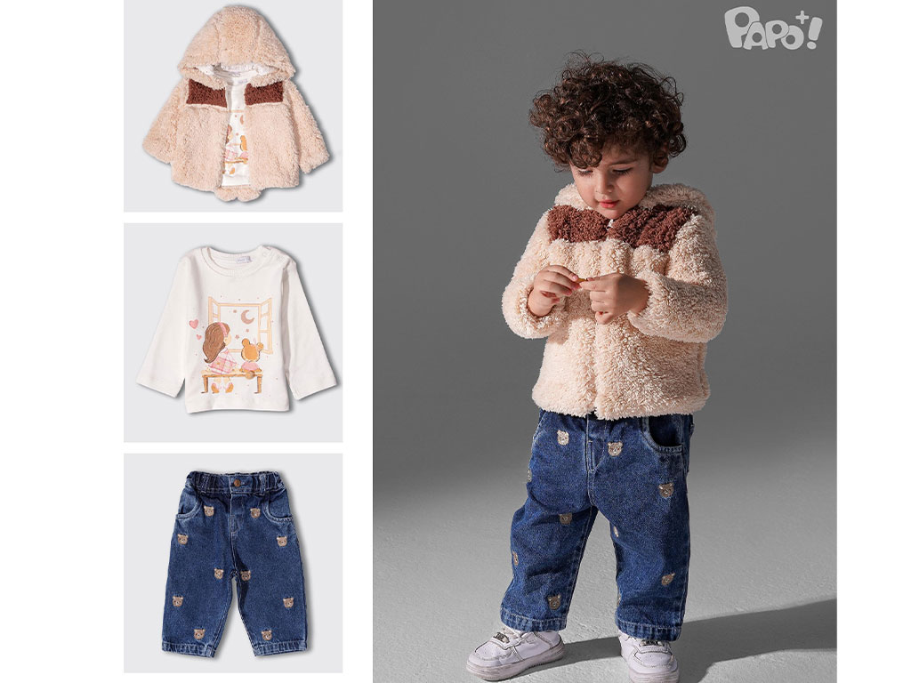 ست سه تکه سویشرت، بلوز و شلوار جین طرح تدی PAPO