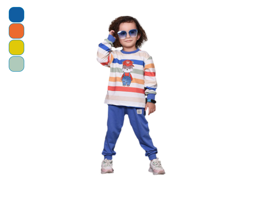 بلوز و شلوار راحتی 4 سال پسرانه دورس طرح راه راه رنگی و خرس کیدومکس kidomax