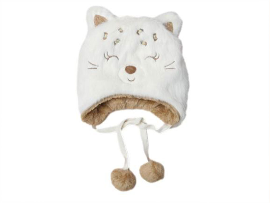 کلاه زمستانی نوزادی بندی کرم رنگ طرح گربه papo