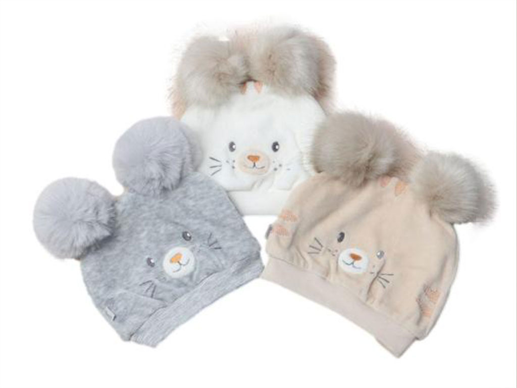 کلاه مخملی آستر نخی طرح گربه با دو توپک papo