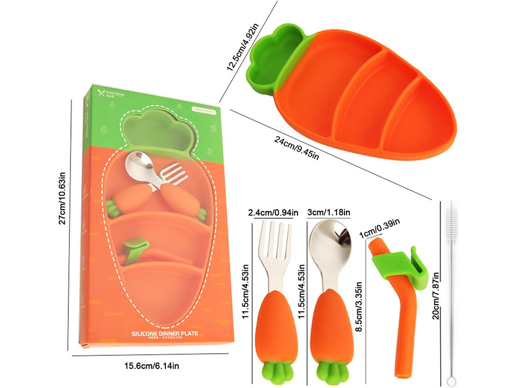 ست ظرف غذا چسبان و قاشق و چنگال سیلیکونی به همراه نی طرح هویج