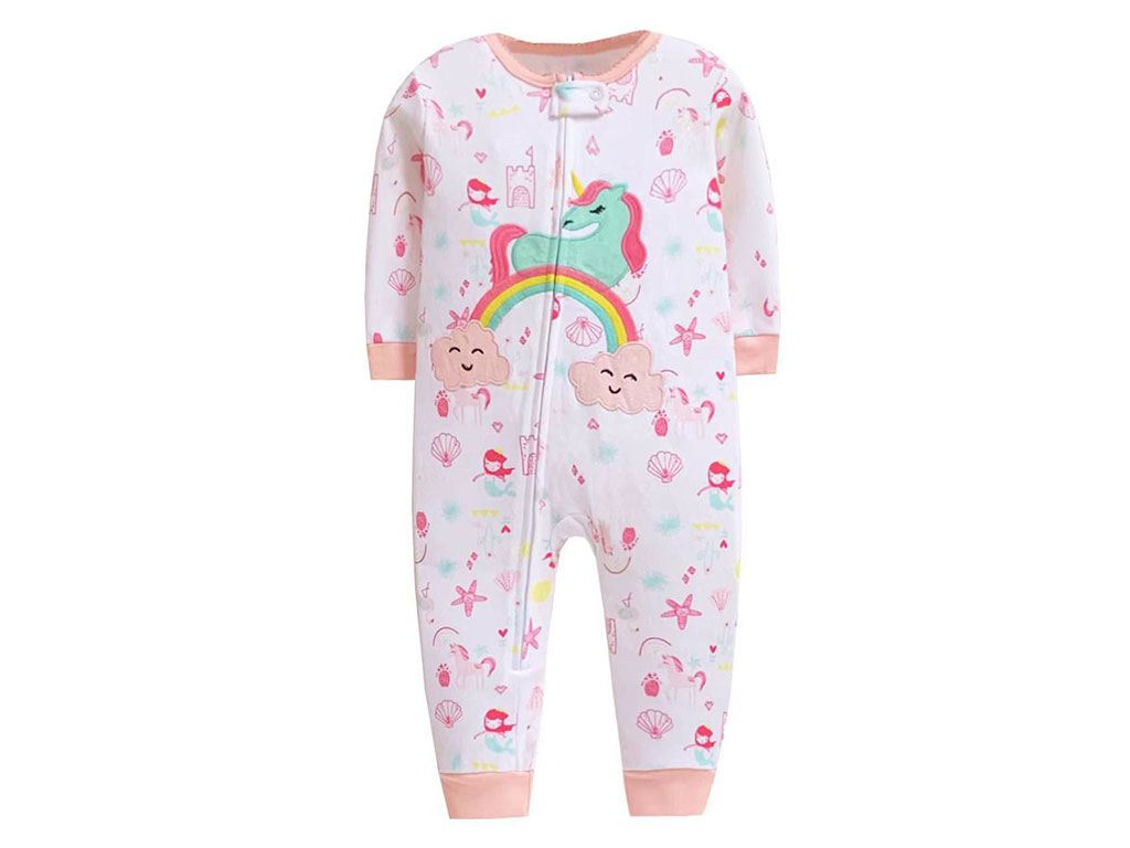 سرهمی نوزادی دخترانه سفید رنگ طرح اسب تک شاخ و رنگین کمان