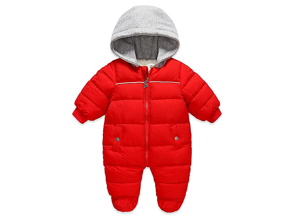 کاپشن سرهمی کلاه دار تو کرکی نوزادی قرمز رنگ با دستکش