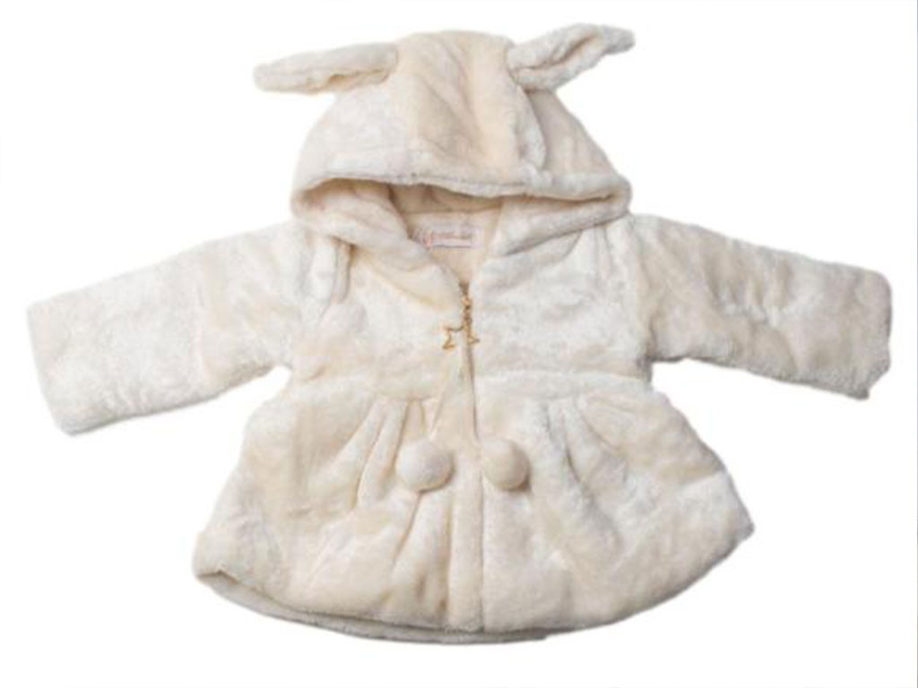 پالتو پولیشی کلاه دار نوزادی دخترانه شیری رنگ مدل خرگوشی