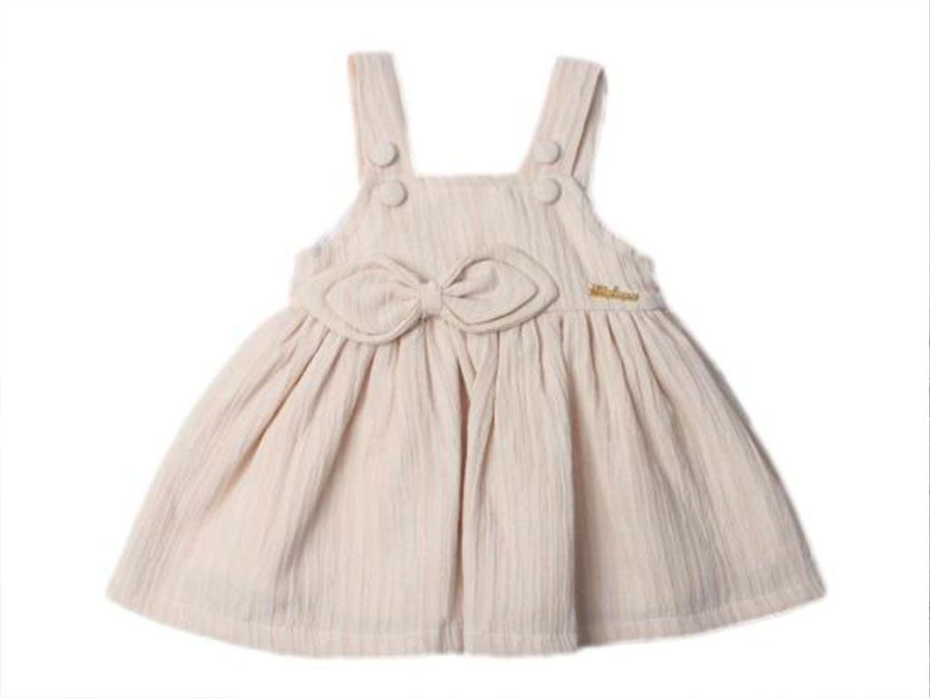 پیراهن پشیبندی نوزادی دخترانه کرم رنگ پاپیون برجسته