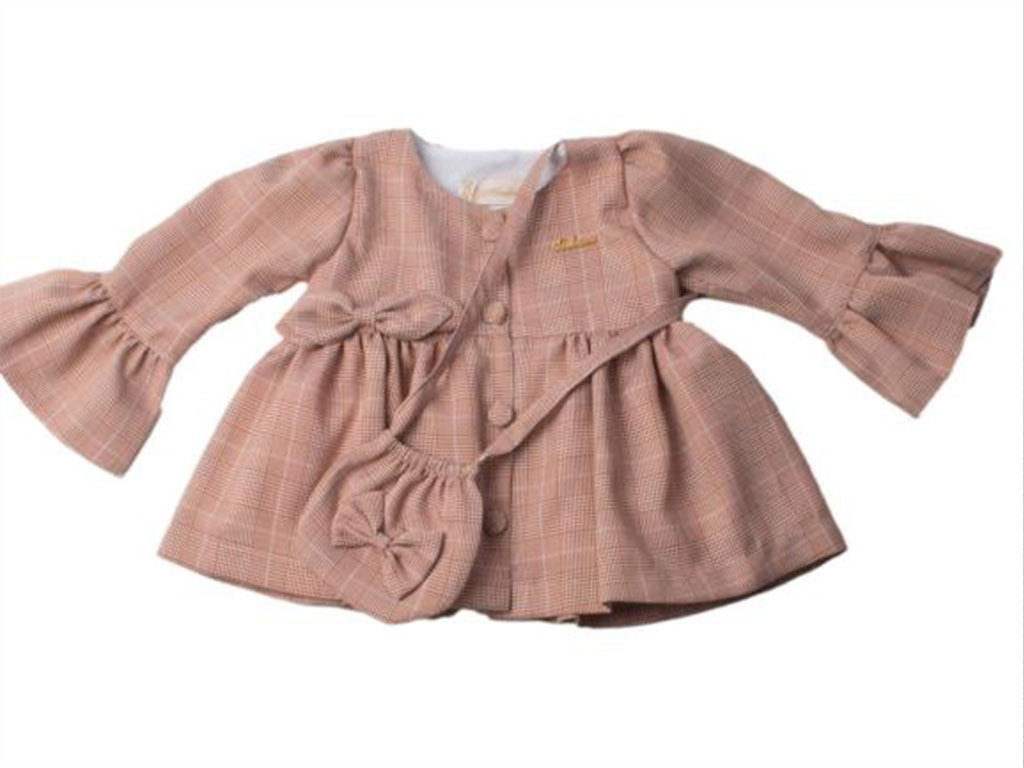 پیراهن آستین بلند نوزادی دخترانه کالباسی رنگ طرح چهارخانه به همراه کیف دوشی