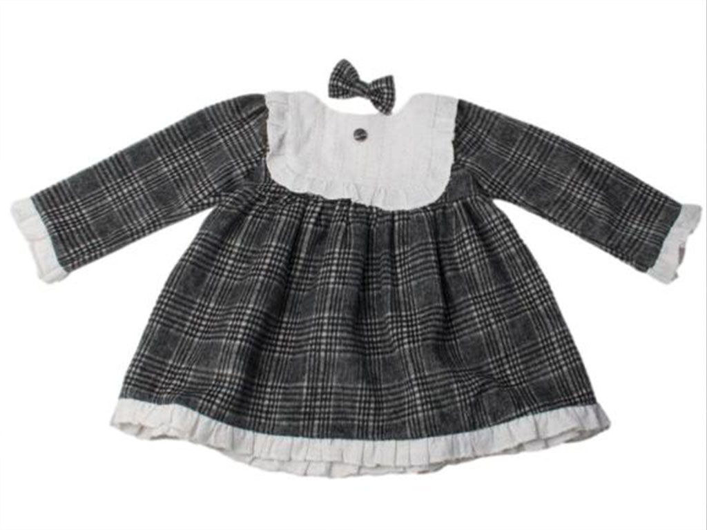 پیراهن نوزادی دخترانه پاییزه چهار خانه دودی با گل سر candy kids