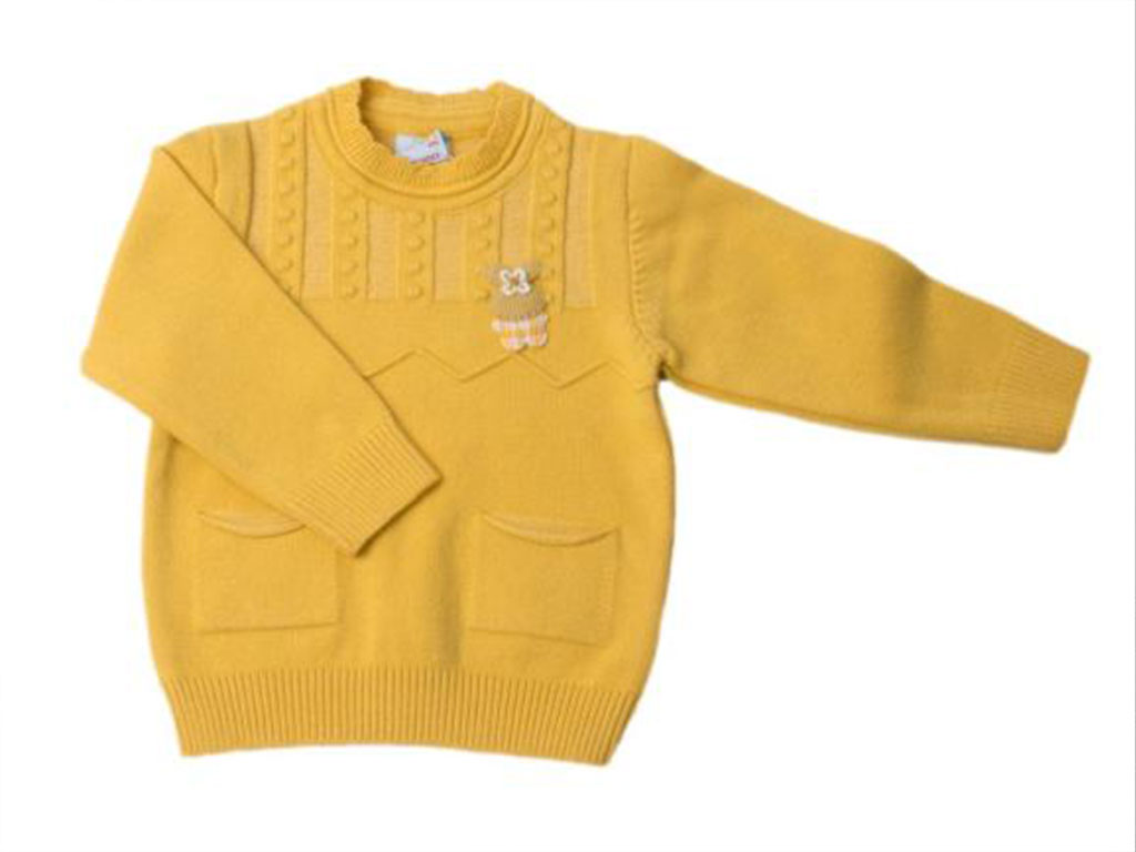 بلوز بافت دخترانه نوزادی رنگ زرد خردلی طرح برجسته با گلسینه خرگوش