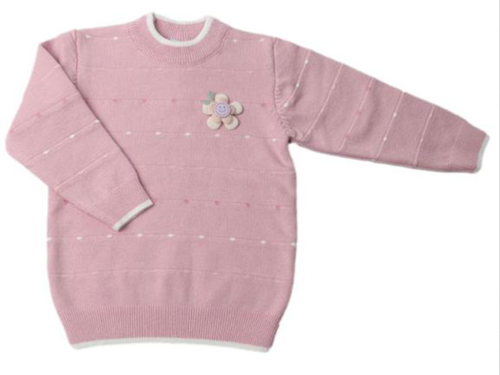 بلوز بافت دخترانه رنگ صورتی روشن با گلسینه طرح گل برجسته