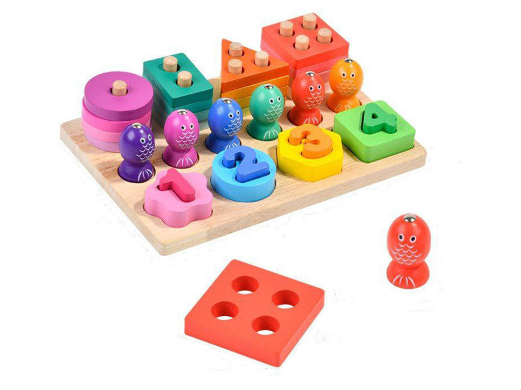 اسباب بازی سه کاره مونته سوری مستطیلی چوبی طرح اشکال هندسی، اعداد انگلیسی و ماهی گیری مگنتی