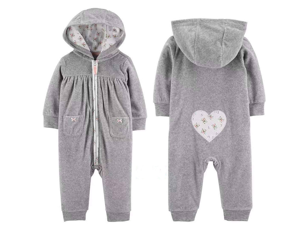 سرهمی کرکی کلاهدار نوزادی دخترانه پشت طرح دار طوسی رنگ کارترز carters