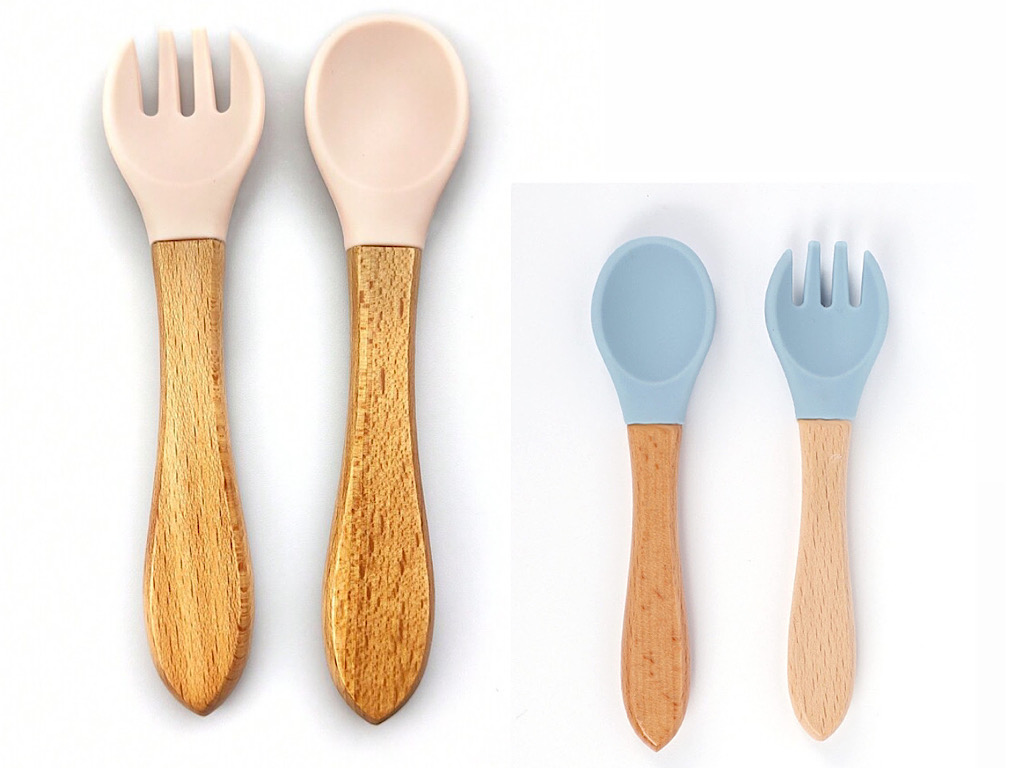 ست قاشق و چنگال سیلیکونی دسته چوبی نوزادی BABYS