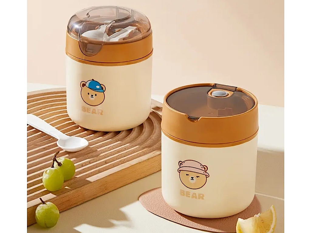 فلاسک و ظرف غذا استیل طرح خرس حجم 530 میلی لیتر با بند سیلیکونی