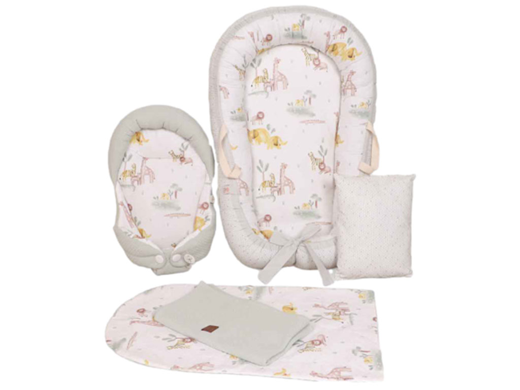 ست تشک لبه دار و آغوشگیر (قنداق سوئیسی) با بالشت و روانداز و زیرانداز تعویض طرح سافاری سبزآبی الا ELA