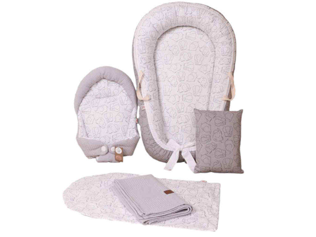 ست تشک لبه دار و آغوشگیر (قنداق سوئیسی) با بالشت و روانداز و زیرانداز تعویض طرح فیل خط طوسی الا ELA