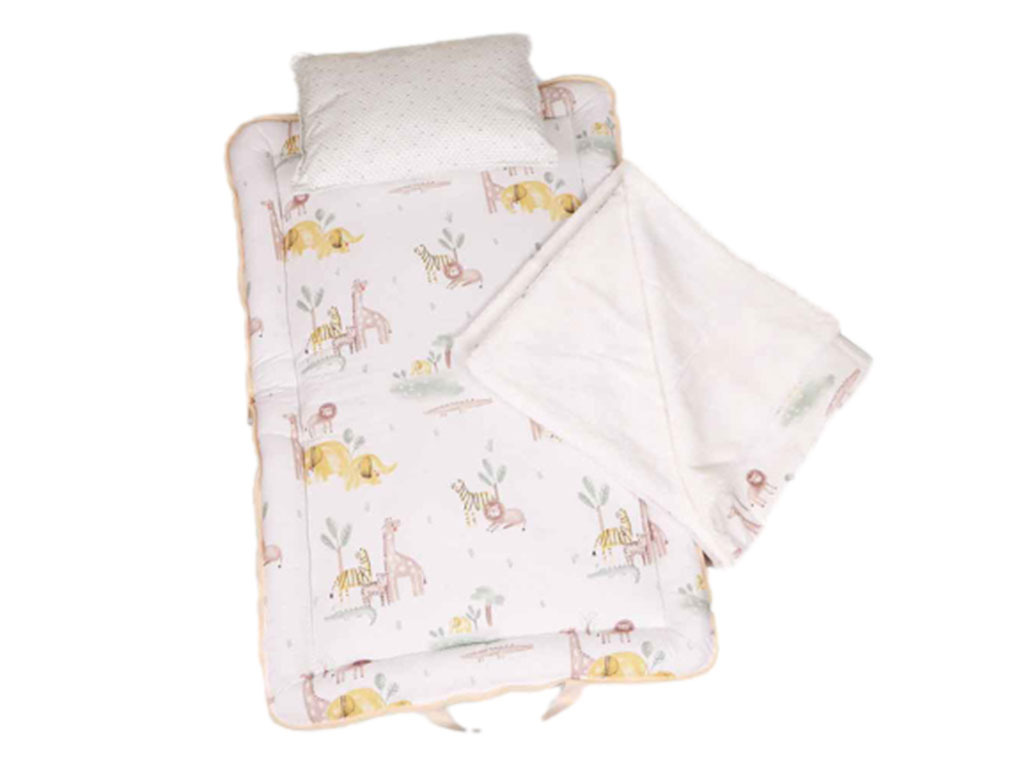 سرویس خواب دم دستی مسافرتی نوزادی مجموعه 3 عددی تشک، لحاف و بالشت با بسته بندی کیفی طرح سافاری سبزآبی الا ELA