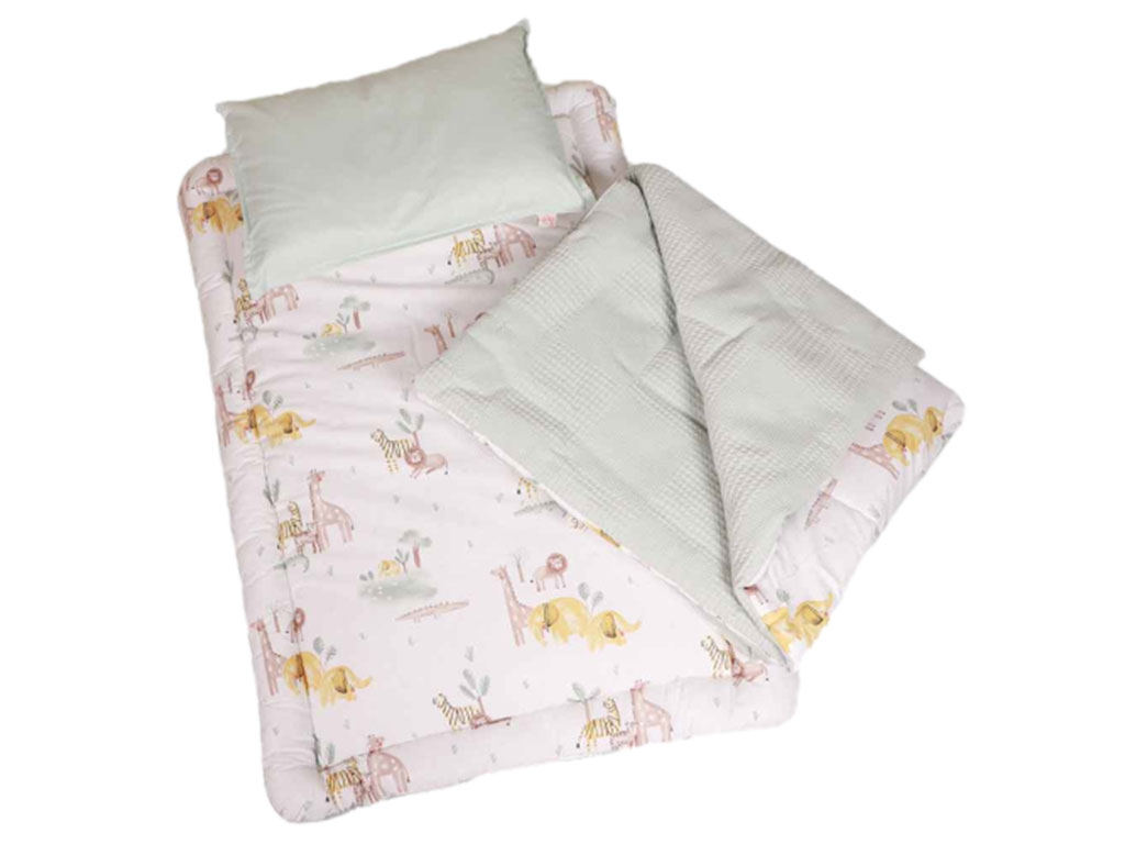 سرویس خواب دم دستی مسافرتی نوزادی(سایز 2)مجموعه 3 عددی تشک، لحاف و بالشت طرح سافاری سبزآبی الا ELA